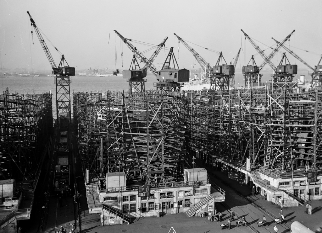 Baltimore, Maryland. Way no. 8 of the Bethlehem-Fairfield shipyards, showing the Liberty ship Frederick Douglass in its early stage of construction