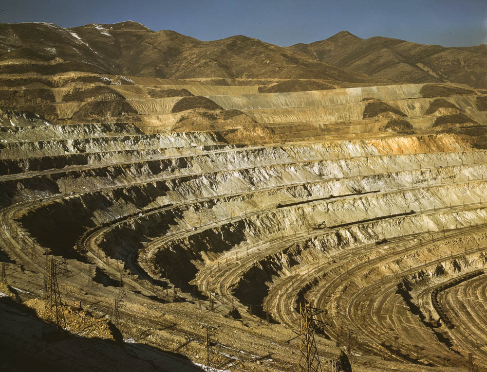 View of the Utah Copper Company open-pit mine workings at Carr Fork, as seen from the railroad, Bingham Canyon, Utah