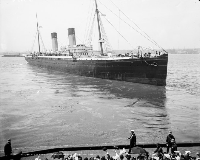 S.S. Majestic, outward bound, clearing the dock