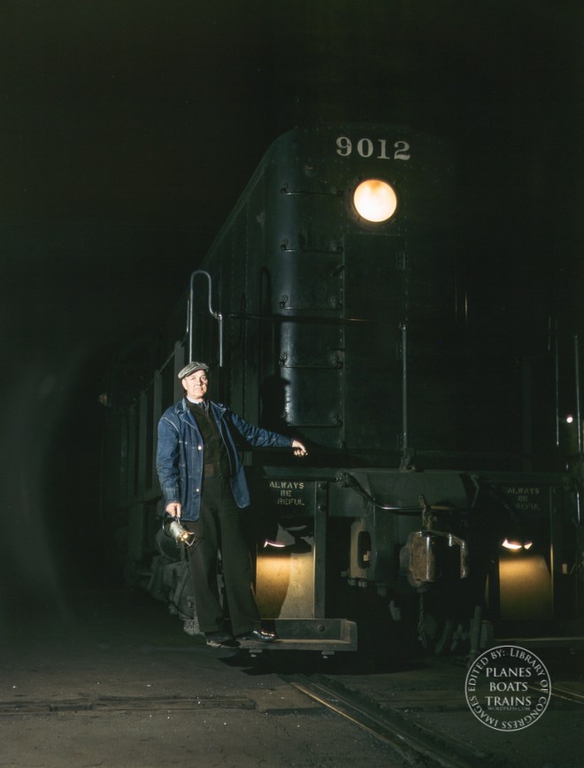 Illinois Central R.R., Chicago, Ill. Vernon Brower, riding the foot board of a diesel switch engine at the South Water Street freight terminal